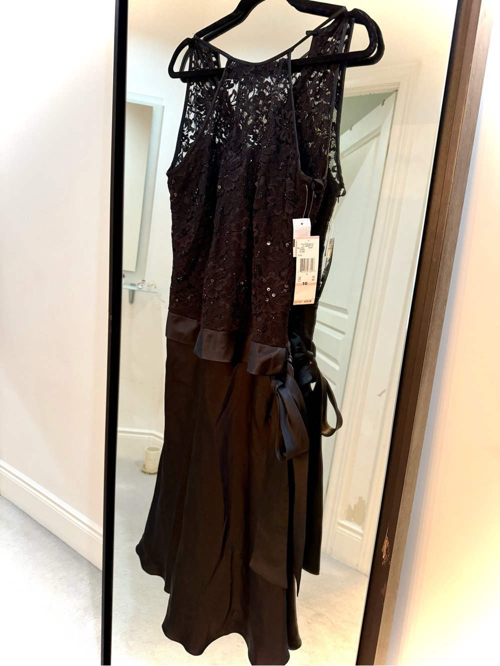 Anne Klein Black Lace and Satin Midi Dress with Side Tie